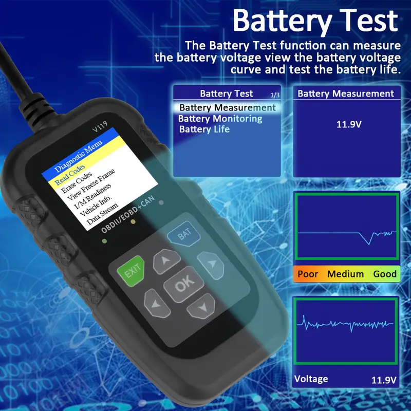 V119 OBD2 Scanner Code Reader  - Power Supply Tester ulasan dan harga